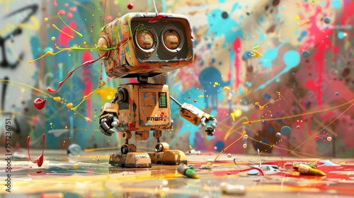 A solitary robot with paint covered exterior engaged in an expressive and messy artistic creation