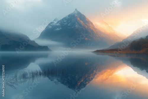 Serene mountain scenery with mist and lake