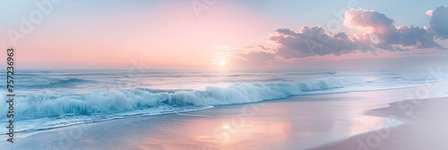 Serene beach sunrise with soft waves. Pastel sky and tranquil sea concept. Panoramic view for calm morning meditation and relaxation design