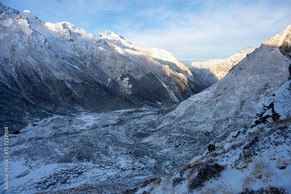 Winter Morning Light on Langtang Valley with Kyanjin Gompa Village in View, Nepal