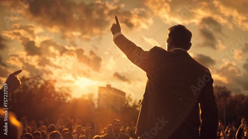 
Political leader giving a public speech with his hand in the air and fingers pointing to the sky, aggression, attitude, low angle rear view, audience in the background, 80s era. photo