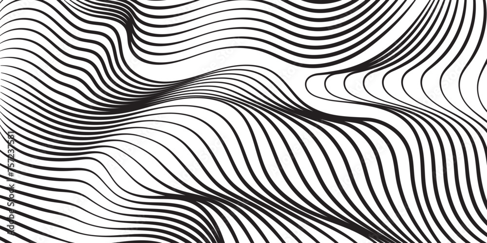 Ripple texture black and white curve lines background vector design. Wave oblique smooth lines optical effect pattern. Monochrome gray scale wave curves texture, black ripple on white.