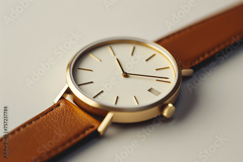 Elegant golden wristwatch with brown leather strap on white background. Timeless accessory for design, luxury goods promotion, and fashion concepts