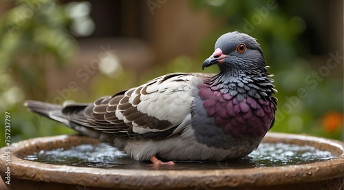 pigeon enjoying a refreshing bath in a backyard birdbath	