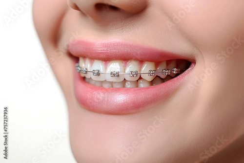 Close up Brackets on Teeth on white background. Orthodontic Treatment. Woman smile