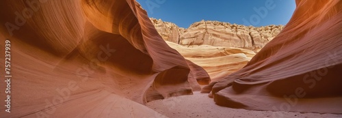 Antelope Canyon. Natural landscape. Wavy, orange mountains and sand. Panorama banner. Concept for design, travel, tourism, paintings, wallpaper.