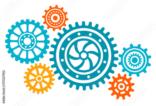 Colorful connected gears. Abstract gear wheel mechanism background. Machine technology. 