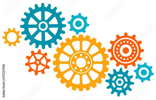 Colorful connected gears. Abstract gear wheel mechanism background. Machine technology. 