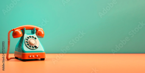 banner  blue retro phone on a plain pink-blue background. mock-up, space for text