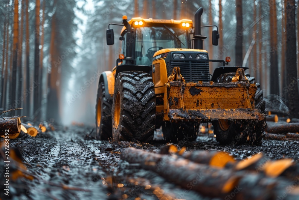Forestry tractor with felled logs highlights the reality of industrial logging operations in a forest Forestry tractor with felled logs highlights the reality of industrial logging operations in a forest