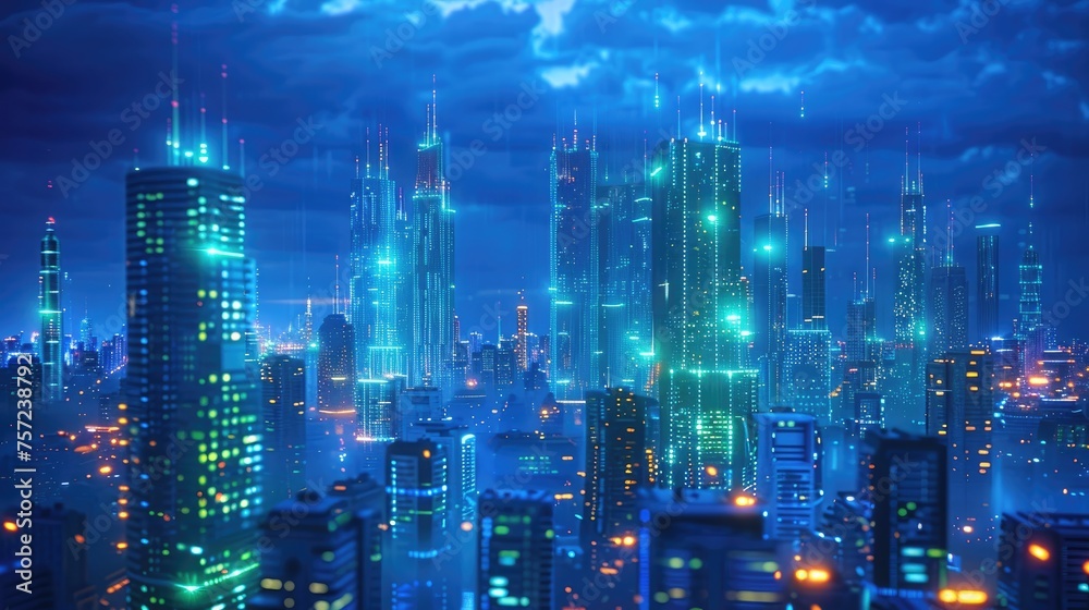 In a digital art concept, a futuristic cityscape glows with neon lights while data streams cascade from the sky, creating a mesmerizing scene.