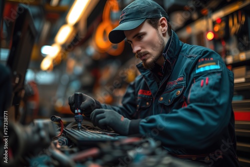 Man Working on Car Engine in Factory