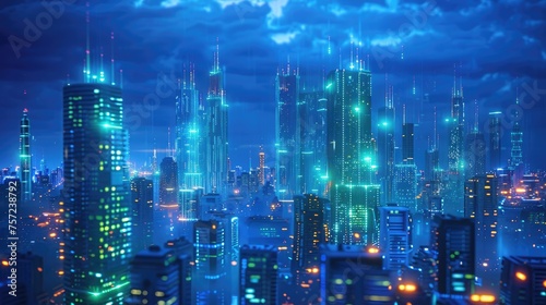 In a digital art concept, a futuristic cityscape glows with neon lights while data streams cascade from the sky, creating a mesmerizing scene.