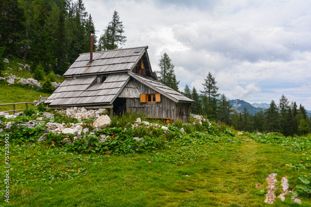 A traditional wooden chalet in the heart of the Julian Alps in Slovenia above Lake Bohinj in the cloudy summer day