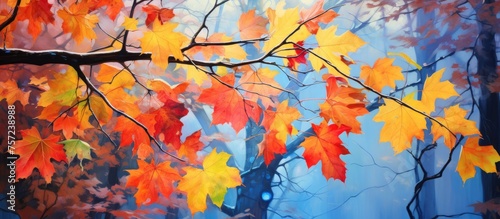 An art painting depicting autumn leaves in shades of orange hanging from a tree branch, showcasing the beauty of nature in the ecoregion