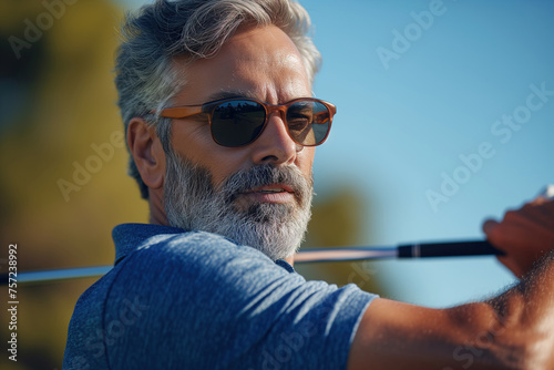 Handsome middle-aged man with a beard and wearing dark glasses, holding a golf club in hands and ready to play golf. He stands confidently, club in hand, exuding a sense of focus and determination
