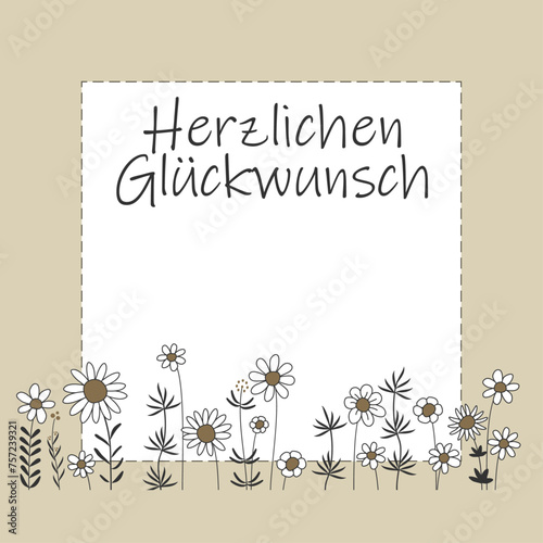 Herzlichen Glückwunsch - Schriftzug mit deutschem Text. Floraler Hintergrund Banner mit hübschen Blumen als Blumenwiese Vektor Illustration