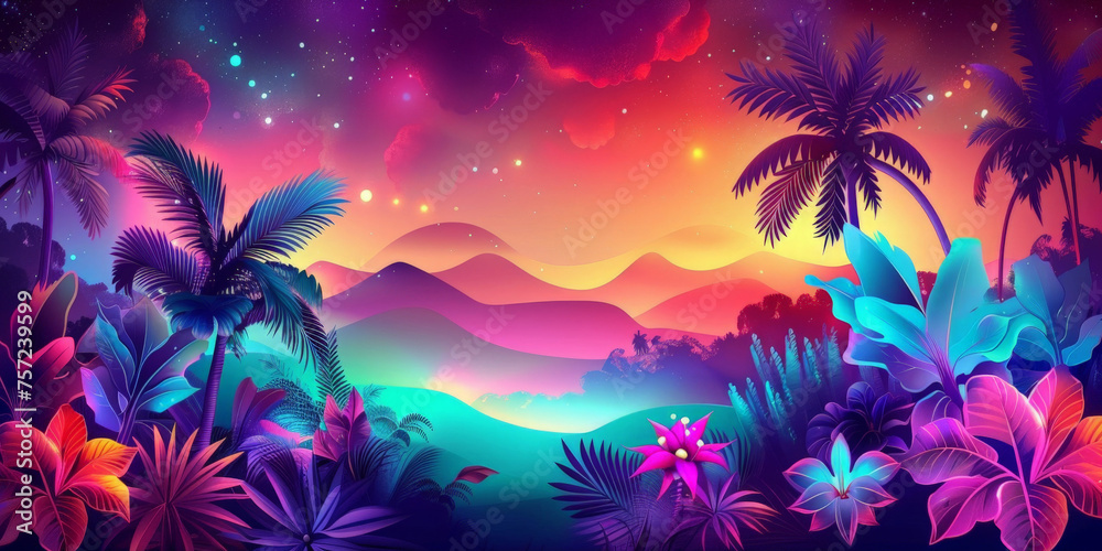Tropical Neon Jungle with Palm Trees and Flowers at Sunset,