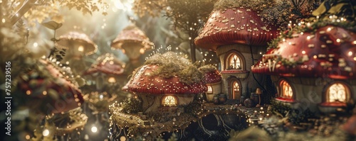 Enchanting Twilight Village of Mushroom Houses in a Magical Forest