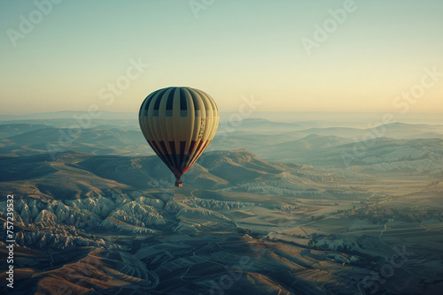 Hot air balloon floating over scenic landscape at sunrise. Aerial view with copy space. Adventure and travel concept for design and print