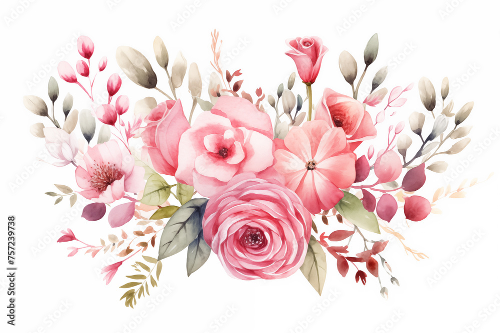 Bouquet of pink flowers on white background. Watercolor illustration.