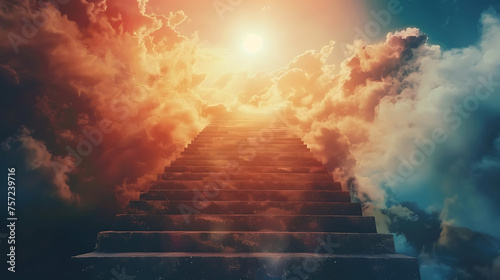 God light. Stairway to heaven in heavenly concept. Religion background. Stairway to paradise. 