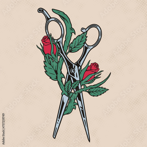 Hairdressing scissors colorful vintage sticker