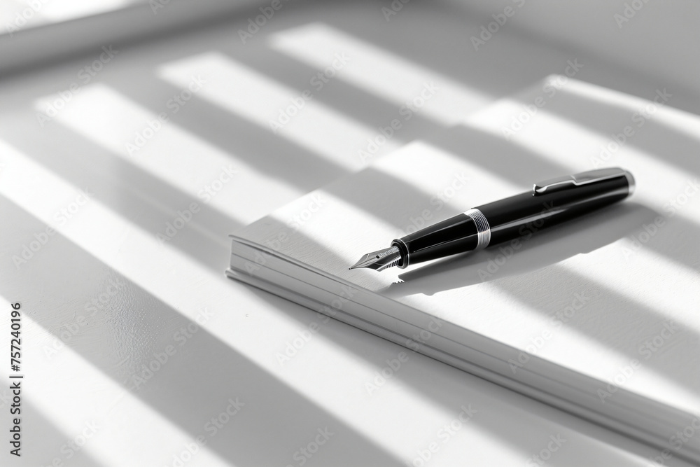 Fountain pen on a notebook with natural light and shadows. Close-up stationary photography with copy space. Writing and literature concept for design and print Fountain pen on a notebook with natural light and shadows. Close-up stationary photography with copy space. Writing and literature concept for design and print