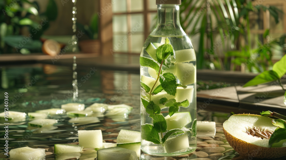 A tall, transparent bottle infused with melon pieces and mint leaves on a peaceful water surface A tall, transparent bottle infused with melon pieces and mint leaves on a peaceful water surface