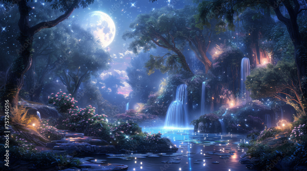 Fantasy illustration of a magical forest with glowing waterfalls and moonlight sparkling on a serene lake.