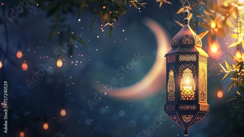 Radiant Ramadan Kareem Greeting Card with an Illuminated Lantern, Crescent, and a Serene Background, AI Generate.