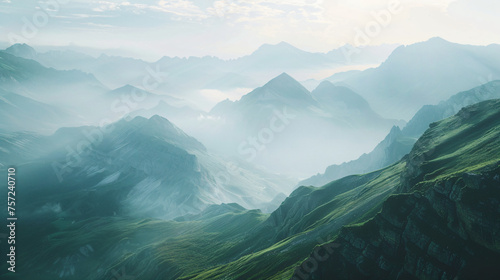 Sunrise and mist over mountain ranges in gradient hues. Panoramic landscape photography series. Nature and tranquility concept for design and print. Aerial view with copy space