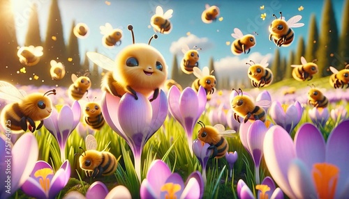 Adorable Bees Characters Gathering Nectar in Crocus Flower Field