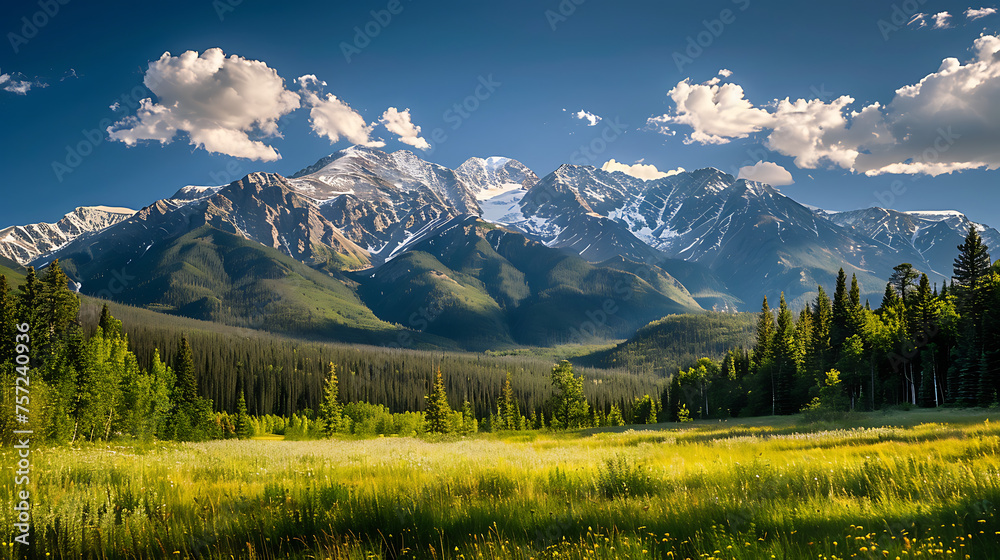 A serene mountain landscape, with snow-capped peaks towering over a peaceful alpine meadow - obrazy, fototapety, plakaty 