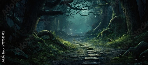 A mysterious dark forest with a winding path cutting through lush vegetation and towering trees  creating a sense of eerie beauty and intrigue