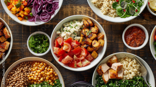 Colorful and balanced meal presentation, showcasing bowls of assorted fresh ingredients for clean eating