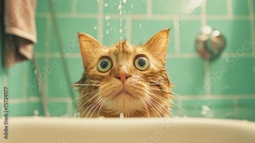 Wide-Eyed Orange Cat Getting Bathed in a Sink at Home photo
