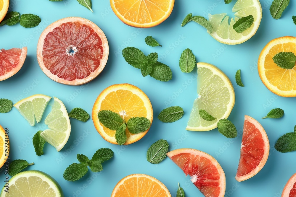Colorful pattern of citrus fruit slices and mint leaves Colorful pattern of citrus fruit slices and mint leaves
