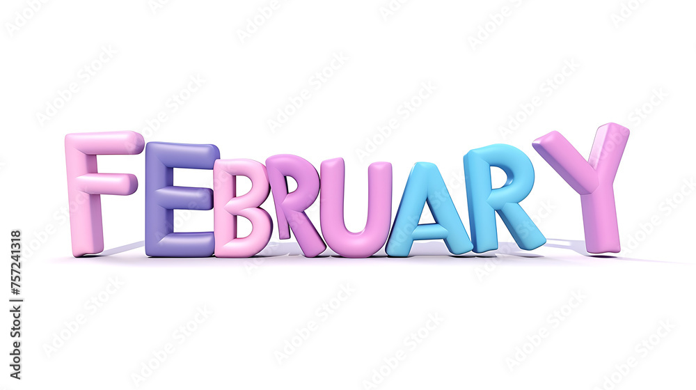 3D text design spelling “FEBRUARY” in bold, multi-colored letters against a white background 3D text design spelling “FEBRUARY” in bold, multi-colored letters against a white background