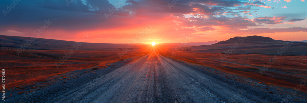 Sunset over dirt roads in vast open landscapes. Panoramic rural road photography series. Travel and adventure concept for design and print. Golden hour with copy space - obrazy, fototapety, plakaty 