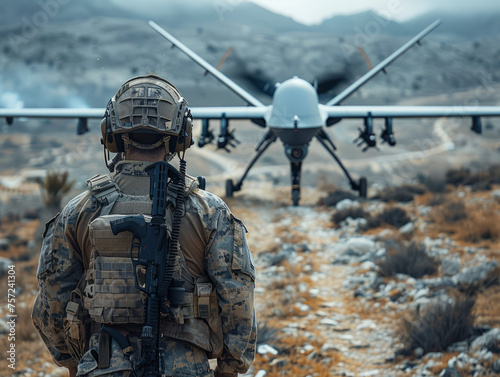 A military operator commands a reconnaissance drone, navigating hostile terrain to gather vital intel for strategic missions.