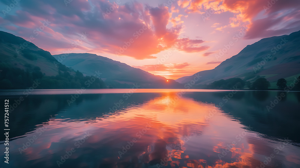 A serene sunset over a tranquil lake, with the sky ablaze in hues of orange, pink, and purple, reflecting on the calm waters below.