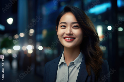 Young asian woman  professional entrepreneur standing in office clothing  smiling and looking confident