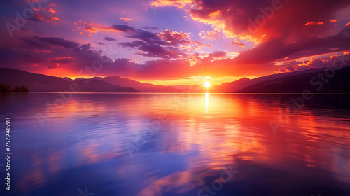 A serene sunset over a tranquil lake, with the sky ablaze in hues of orange, pink, and purple, reflecting on the calm waters below.