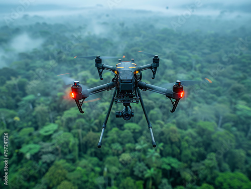 A surveillance drone patrols the vast and intricate Amazon rainforest, exposing the lush biodiversity and potential hidden activities within the dense canopy.