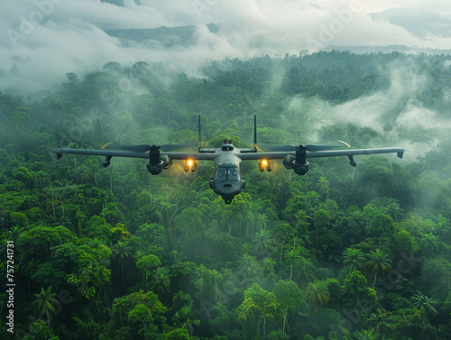 A surveillance drone patrols the vast and intricate Amazon rainforest, exposing the lush biodiversity and potential hidden activities within the dense canopy.