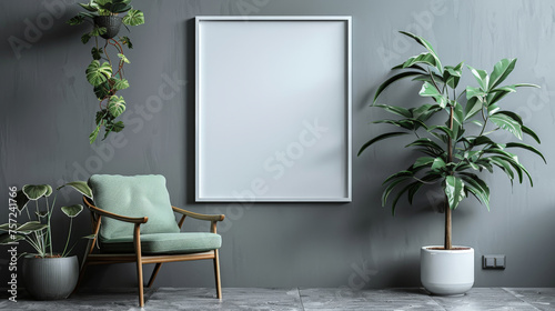 empty room with white blank frame is hanging on green wall with white floors and green armchair, minimalist interior