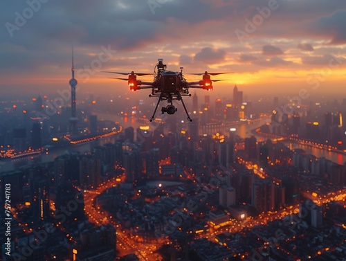 Above the sprawling metropolis, an urban surveillance drone captures the dynamic cityscape, showcasing the bustling life and potential security challenges below.