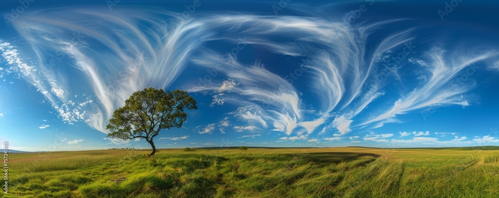 Fototapeta premium Lone Tree in Grassy Field Under Blue Sky
