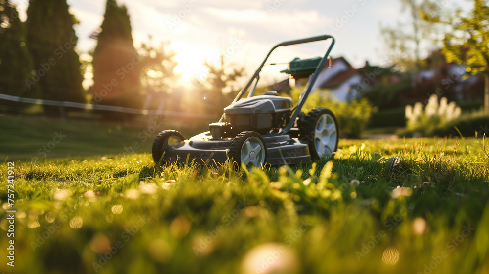 Golden Hour Lawnmowing Backyard Scene. Lawnmower on freshly cut grass in sunny backyard, ideal for gardening and homeownership themes. Golden Hour Lawnmowing Backyard Scene. Lawnmower on freshly cut grass in sunny backyard, ideal for gardening and homeownership themes.